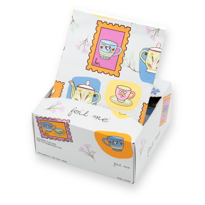 Box of foil me tea designed hair foils with colorful teacup designs on a white background